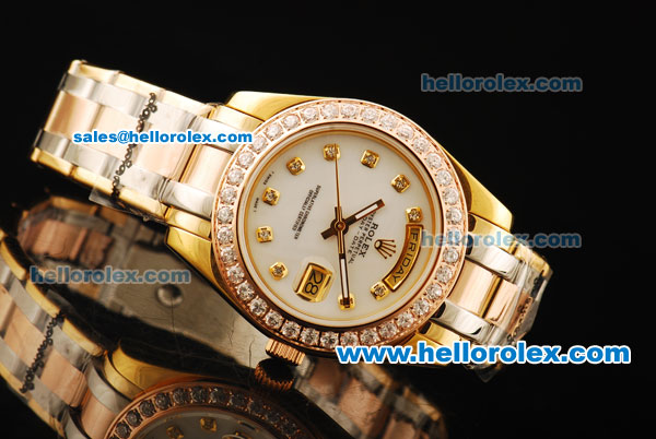 Rolex Day-Date Oyster Perpetual Three Tone with White Dial and Diamond Bezel/Marking - Click Image to Close